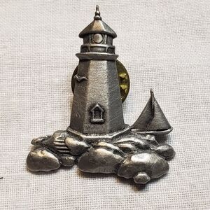 Beautiful Vintage Pewter JJ Lighthouse And Sailboat Tac Pin 1980's
